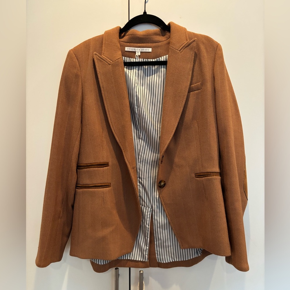 Veronica Beard Hudson Dickey Jacket Blazer Khaki Light Brown Size 12 Elbow Patch